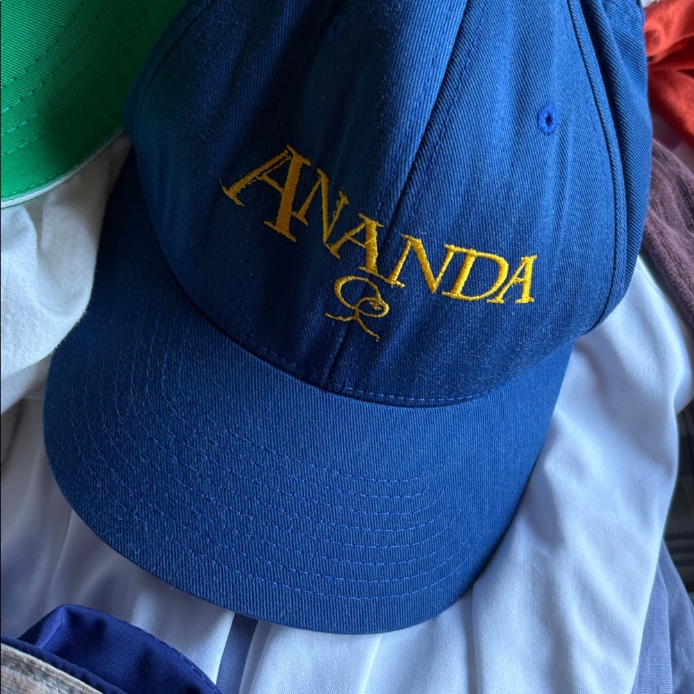 Blue; Nayaswami Blue Cap. “Ananda“ Name and symbol embroidered. 90sVintage.